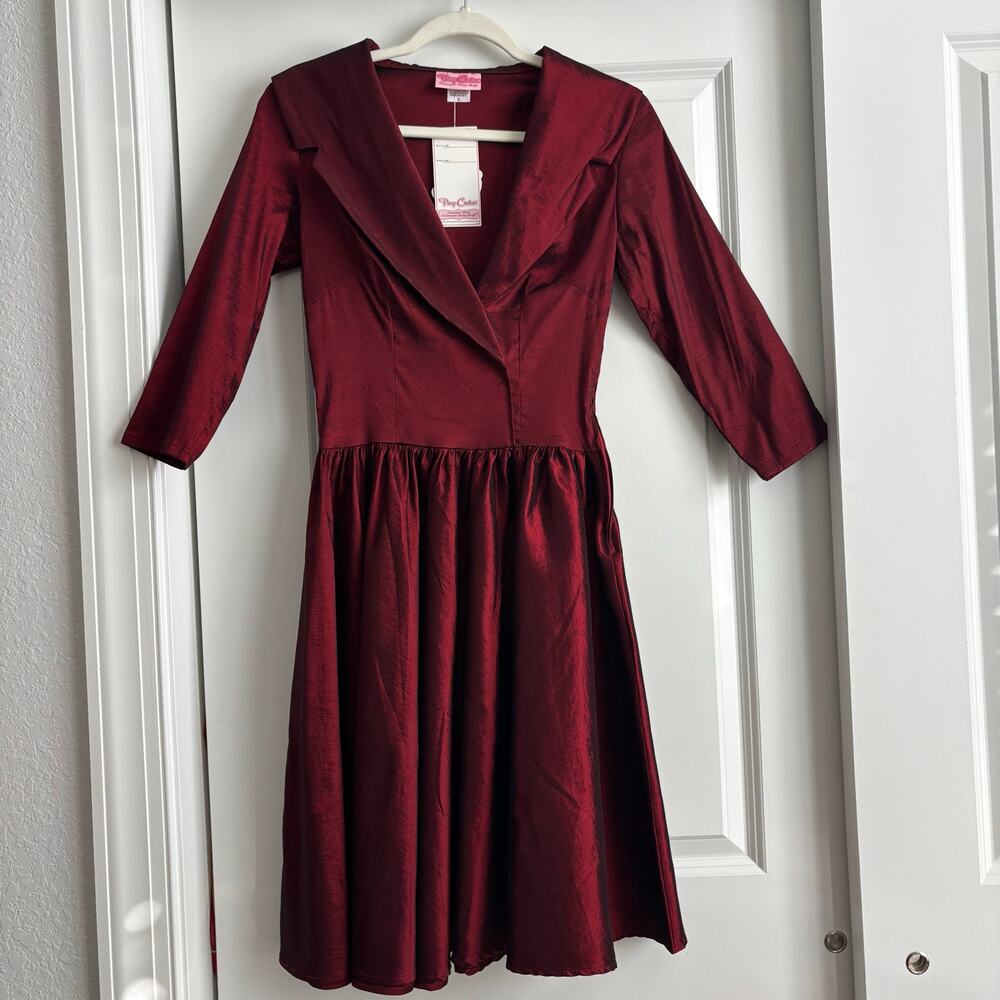 Pinup Couture Burgundy Portrait Collar Swing Dress NWT S Retro Rockabilly Wine - Picture 2 of 16